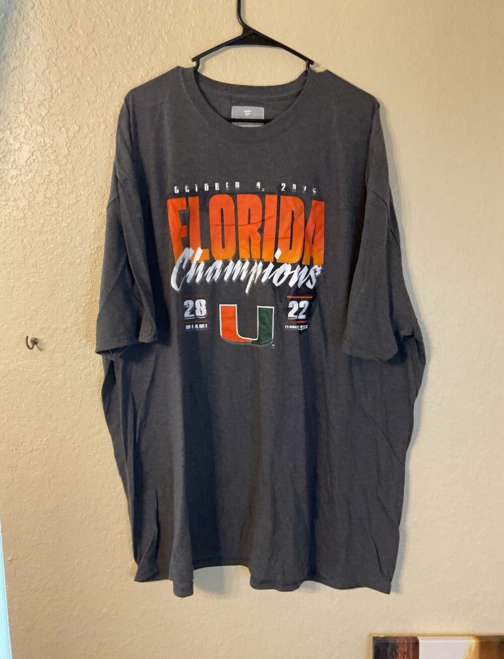 Fanatics Miami Hurricanes Florida Champions Gray Shirt T-Shirt, Size 4XL
